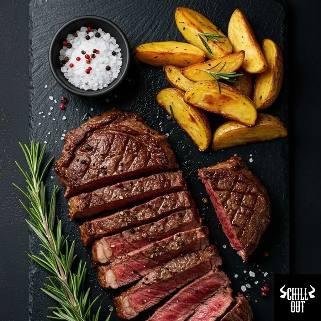 Ribeye di Black Angus alla griglia affettata con patate al forno su ardesia — steakhouse Chill Out Otranto