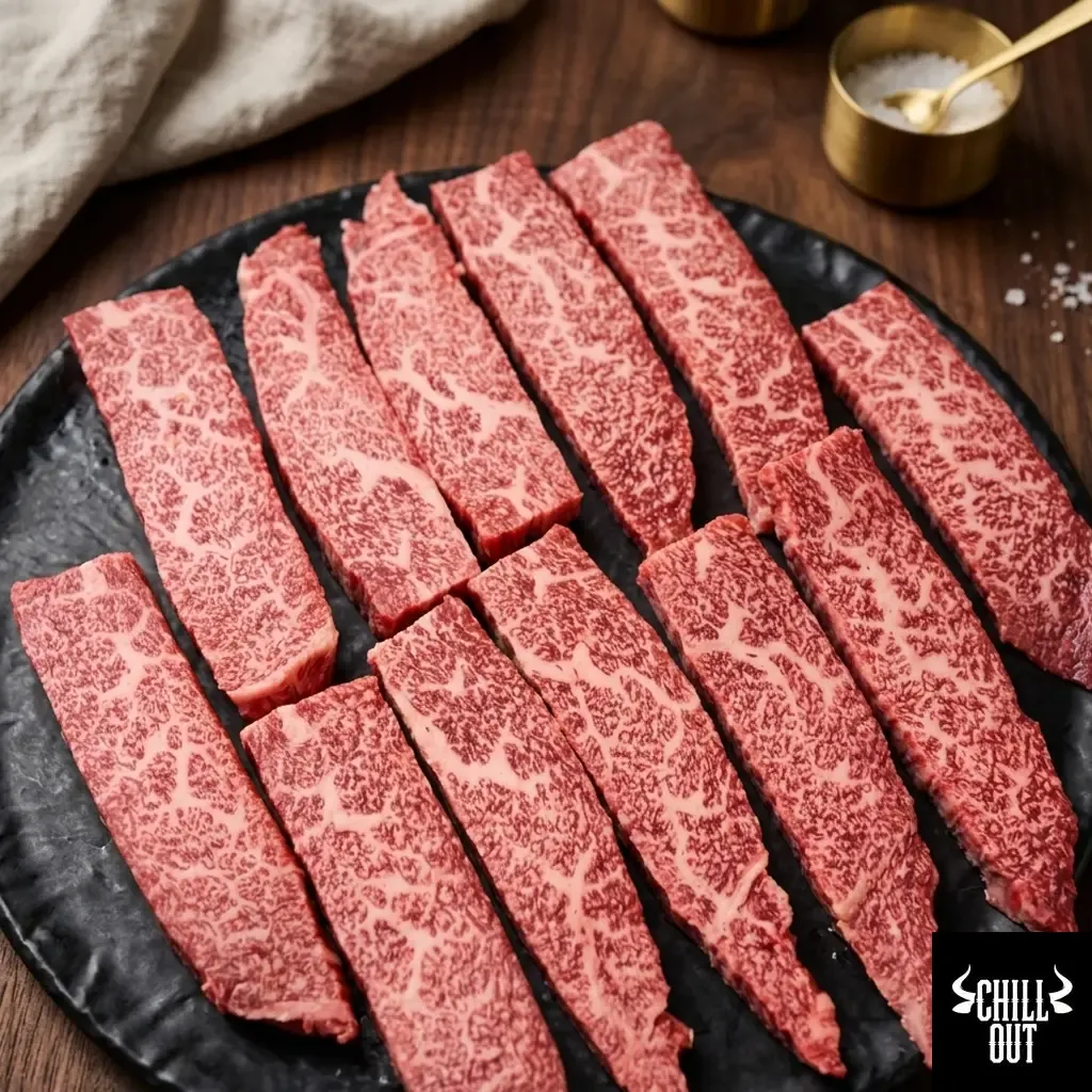 Fettine di Wagyu giapponese Kagoshima A5 crude e marezzate su piatto nero — steakhouse Chill Out Otranto